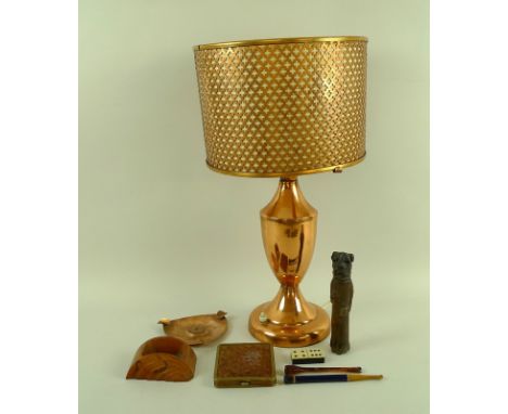A selection of items, including a mid 20th century copper lamp with quatrefoil pierced shade, together with a Rhodesian coppe