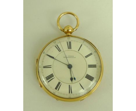 A Victorian 18ct gold pocket watch by J. Sykes, Huddersfield, white enamel dial with black Roman numerals, minute bands and A