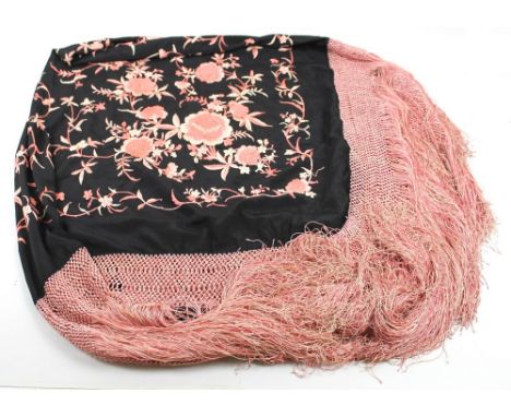 Vintage Textiles: a vintage Art Deco Chinese hand embroidered silk piano shawl, the black ground embroidered with pink flower