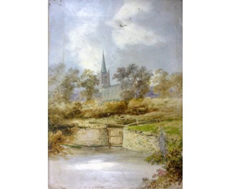 Owen Davis (British, 19th century): a lock gate on the river, with church spire in the background, oil on canvas, signed lowe