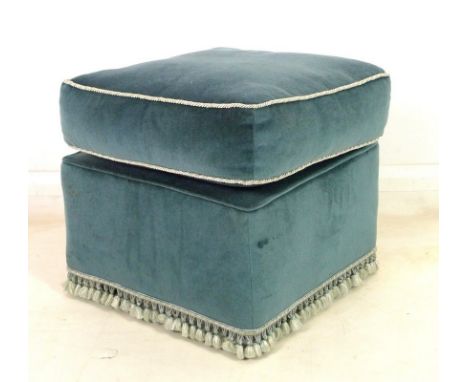 A late 20th century pouffe, of cube form with loose cushion, upholstered in blue / grey velvet with rope twist piping and tas