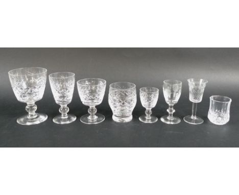 A group of Royal Stuart cut glass table glasses, comprising six red wine glasses, six white wine glasses, six sherry glasses,