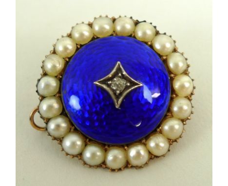 A 15ct gold, diamond, seed pearl and enamel brooch, with border of nineteen half seed pearls around blue guilloche enamel and