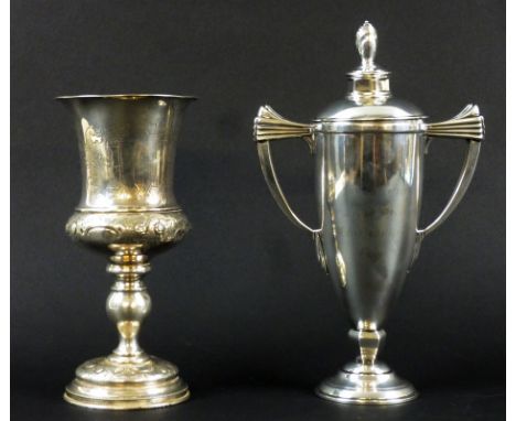 A Garrard & Co silver trophy cup and cover, Art Deco style, remnants of inscription visible to the front of the body 'The...D