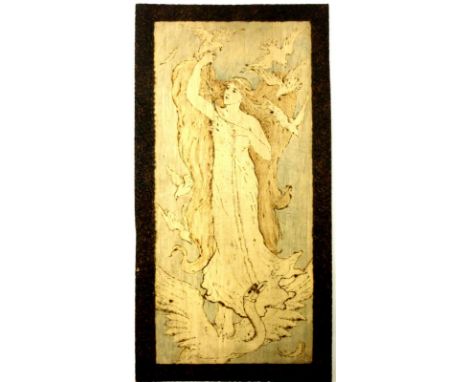 An Art Nouveau poker work panel, early 20th century, depicting a maiden carried on a swan, with doves flying above, the borde