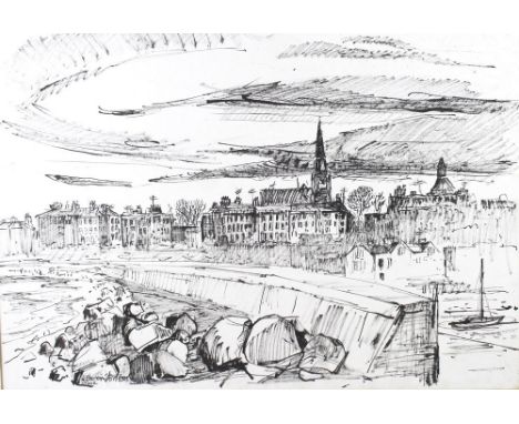 Alfred Brokie Stevenson (American, 1919-2008): a water front study, with spire and domed roofs in the distance, pen and ink o