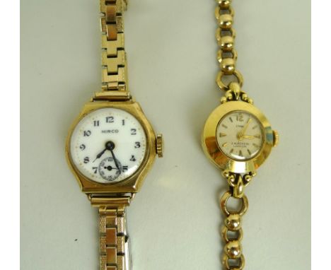 A lady's 18ct gold Cyma watch with bevelled circular case on a 9ct gold loop and bead bracelet strap, together with a lady's 