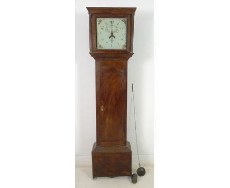 An early 19th century oak long case clock, 30 hour movement striking on a bell, white painted dial, signed 'Aris, Uppingham',