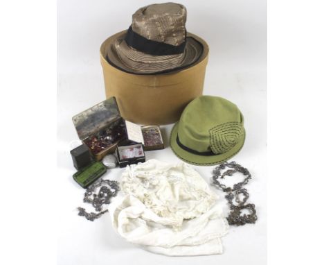 Vintage Textiles: two lady's vintage 1950's hats, by milliner Henry Heath, one of a light coffee coloured satin with black tr