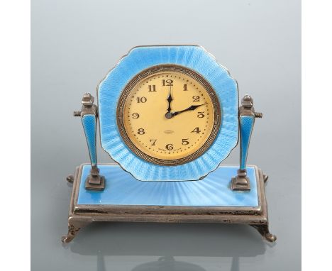 SILVER AND BLUE ENAMEL DESK CLOCK marked 'Sterling silver', Swiss made eight day movement, with Arabic dial, 11cm high