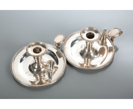 PAIR OF EDWARDIAN SILVER CANDLE HOLDERS AND SNUFFERS maker S Blanckensee & Sons, with beaded rims, snuffers mounted on the ha
