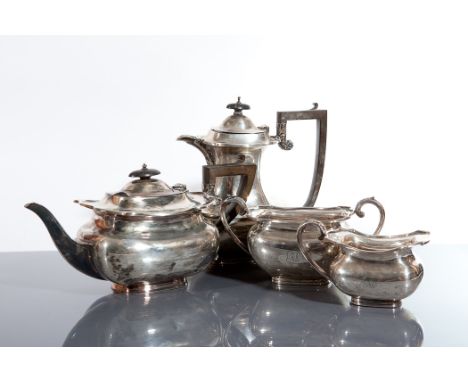 SILVER COMPOSITE FOUR PIECE TEA SERVICE three marked C.H, of rectangular form and all engraved with initials AJ, approximatel