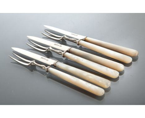 SET OF SIX EARLY 20TH CENTURY SILVER AND MOTHER OF PEARL FRUIT KNIVES AND FORKS maker Harrison Brothers and Howson, Sheffield
