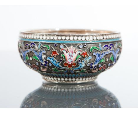 LATE 19TH CENTURY IMPERIAL RUSSIAN CLOISONNE ENAMEL SILVER BOWL maker Nikolay Strulev, 84 zolotnik standard, with polychrome 