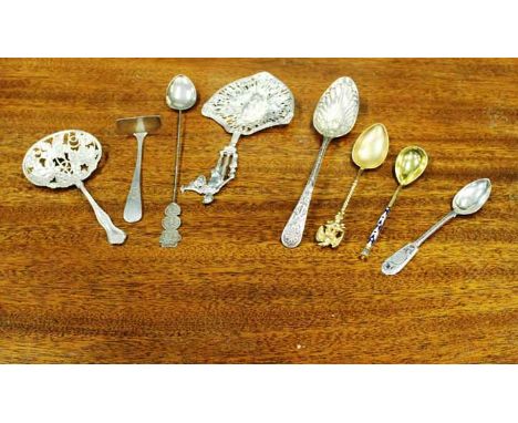 COLLECTION OF SEVEN SILVER SPOONS including a Russian silver gilt enamel coffee spoon, 11.5cm long, a niello spoon, 11.5cm lo