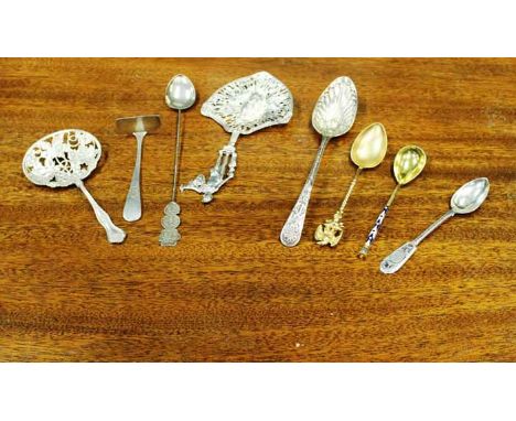 COLLECTION OF SEVEN SILVER SPOONS including a Russian silver gilt enamel coffee spoon, 11.5cm long, a niello spoon, 11.5cm lo