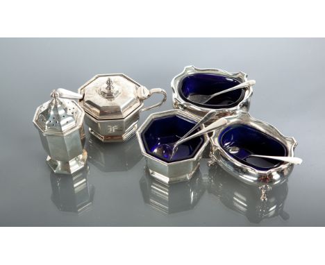 SILVER OCTAGONAL THREE-PIECE CRUET SET maker William Neale & Sons Ltd., each initialled F, mustard pot with original initalle