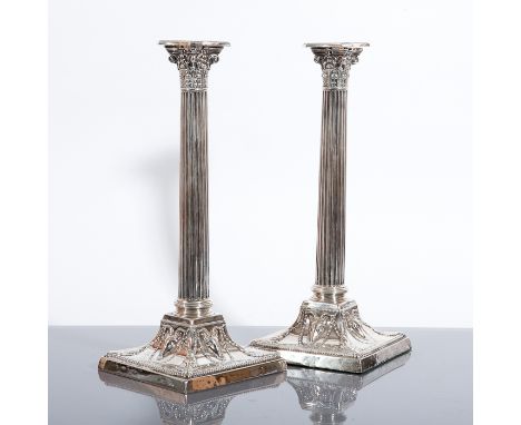 PAIR OF LATE VICTORIAN SILVER CORINTHIAN COLUMN CANDLESTICKS maker Walker & Hall (John Edward Bingham), the sconces with a ga