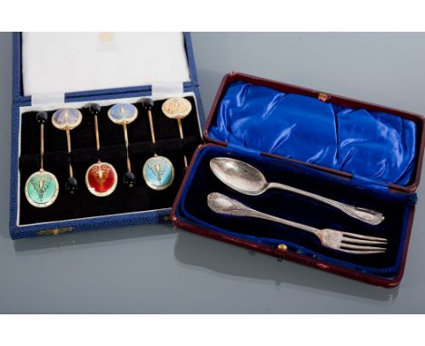 SET OF SIX SILVER GILT AND ENAMEL COFFEE SPOONS makers Turner & Simpson Ltd , Birmingham 1948, retailed by Mappin & Webb Ltd.