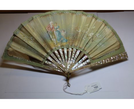 Late 19th Century brass studded mother of pearl and painted silk fan, decorated by Brison with a courtly couple  with attenda