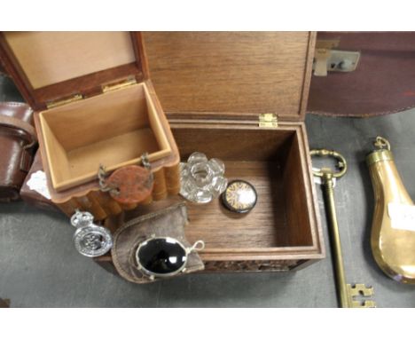 Tunbridge Ware Lidded Inkwell, Carved Wooden Box etc