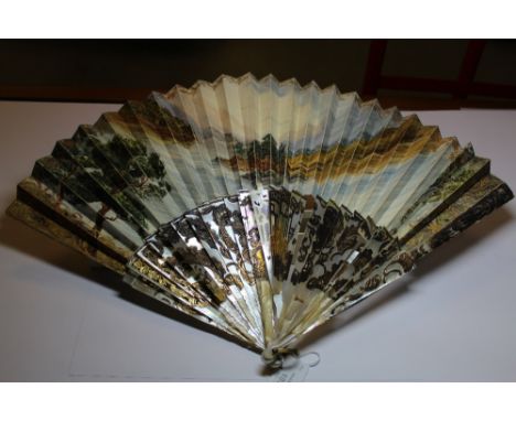 19th Century gilded and pierced mother of pearl fan, painted with river landscape (a.f.)