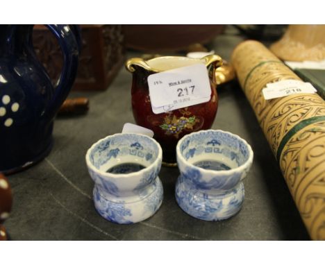 Pair of early 19th Century Blue and White pottery Napkin Rings and a Carlton Ware Rouge Royal Vase