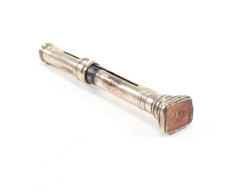 A hallmarked silver George III John Bettridge propelling pencil case. The case topped with carved paste intaglio of a gun dog