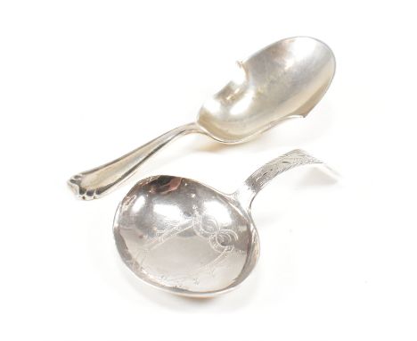 Two hallmarked silver caddy spoons. To include a Georgian caddy spoon having an etched design and vacant armorial shield to b