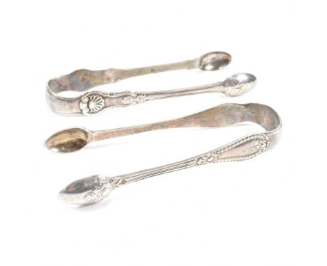 One pair of Victorian and one pair of George IV hallmarked silver sugar tongs. Both tongs having moulded scrolled design. One