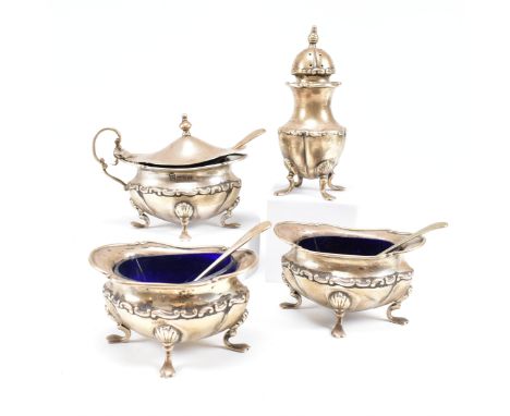 Edwardian hallmarked silver salts and condiment pot and Victorian cruet. The lot consisting of a pair of salts having four ho