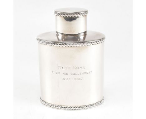 A Victorian hallmarked silver teapoy tea caddy. The Victorian tea caddy having dedication to front 'Fritz Kohn, From his coll
