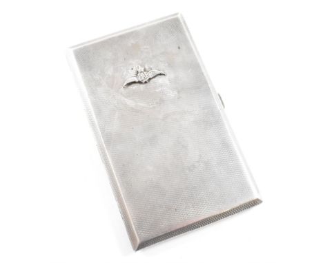 A silver hallmarked RAF crested cigarette case. Engine turned with RAF crest to centre. Hallmarked for Birmingham by Smith an