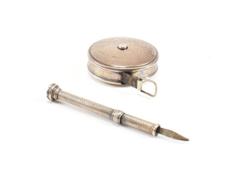 A hallmarked Sampson and Mordan / J Rabone &amp; Sons silver cased tape measure and a silver plated toothpick. The tape measu