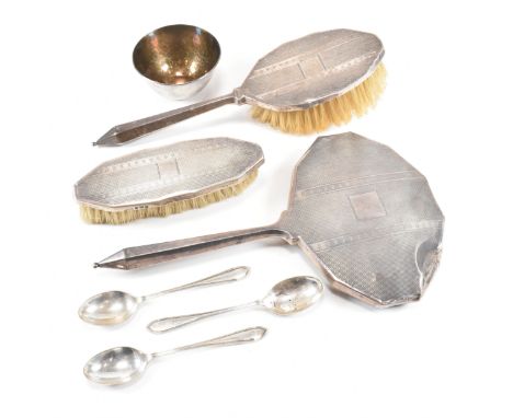 Art Deco hallmarked silver three piece dressing set with silver bowl and spoons. The George V dressing set to include a mirro