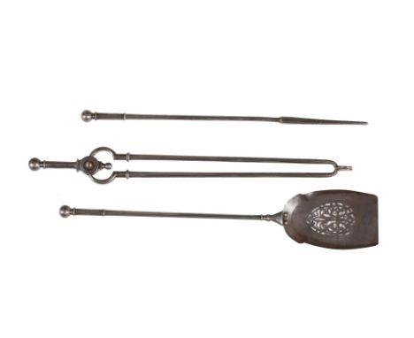 A set of three steel fire tools, 19th century, each with a ball finial to the handle, the shovel 71cm long