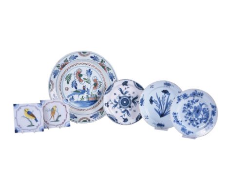 A selection of mostly English blue and white polychrome delft, various dates mid 18th century, comprising: a Bristol delft po