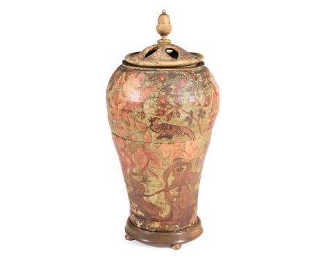 A decoupage decorated stoneware stick stand, late 19th century, of large vase form and with pierced lid, 80cm high  Condition