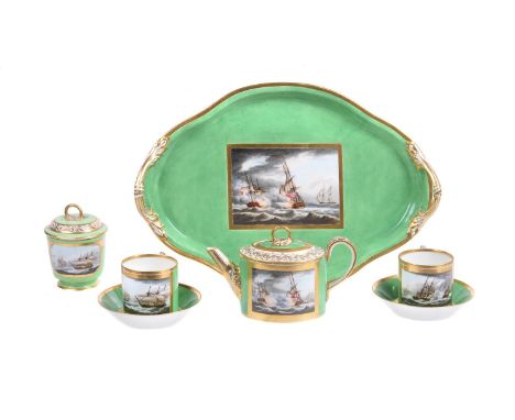 A Derby green ground and gilt French Revolutionary Wars Naval action cabaret service, painted by George Robertson, circa 1800