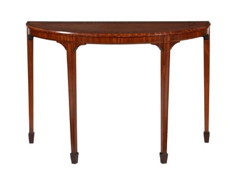 A satinwood and crossbanded D-shaped console table, in George III style, late 19th century, 83cm high, 120cm wide, 59cm deep