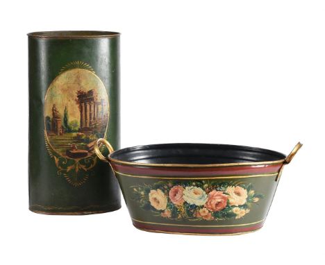 A green painted tinware (toleware) planter or small log bin, late 19th century, with floral decoration, 25cm high, 55cm wide,