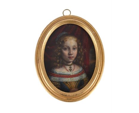 Italian School (17th century)A young girl, wearing blue and gold lace trimmed dress with red beaded embellishment, gold choke