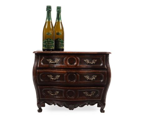 A Louis XV walnut miniature commode, circa 1760, of bombe outline, 42cm high, 54cm wide, 37cm deepPlease note the bottles pho