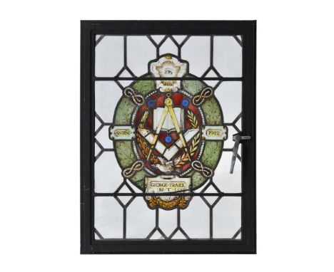 Two stained glass and leaded window panels, early 20th century, of Masonic interest, one dated 1912 and inscribed for George 