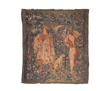 An embroidery in 16th century South Netherlandish manner, second half 19th century, depicting a falconer, approximately 162 x