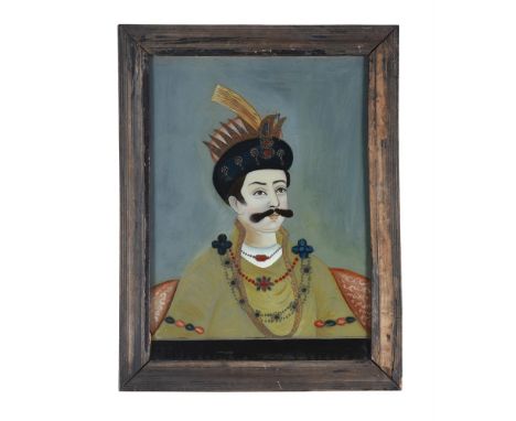 A reverse painted glass portrait of a gentleman in Indian dress, portrayed wearing turban and robes, framed, 59cm high, 45cm 
