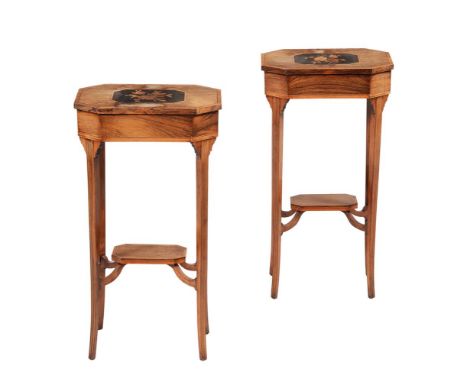 Y A pair of Victorian rosewood and inlaid pedestal lamp tables, each with canted rectangular top, inset with floral inlaid pa