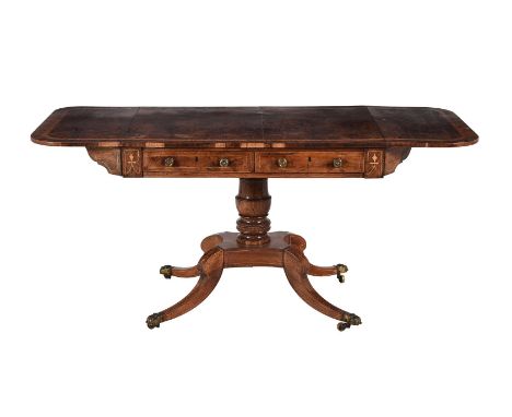 Y A Regency rosewood and inlaid sofa table, circa 1820, with a baluster stem and outswept legs, 73cm high, 156cm wide, 66cm d