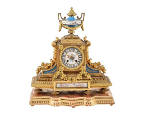 A French gilt metal and Sevres style porcelain inset mantel clock, Japy Freres, second half 19th century, the eight-day bell 