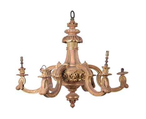 A giltwood six branch chandelier, early 20th century, carved with stylised husks, stiff leaf swags and acanthus, approximatel